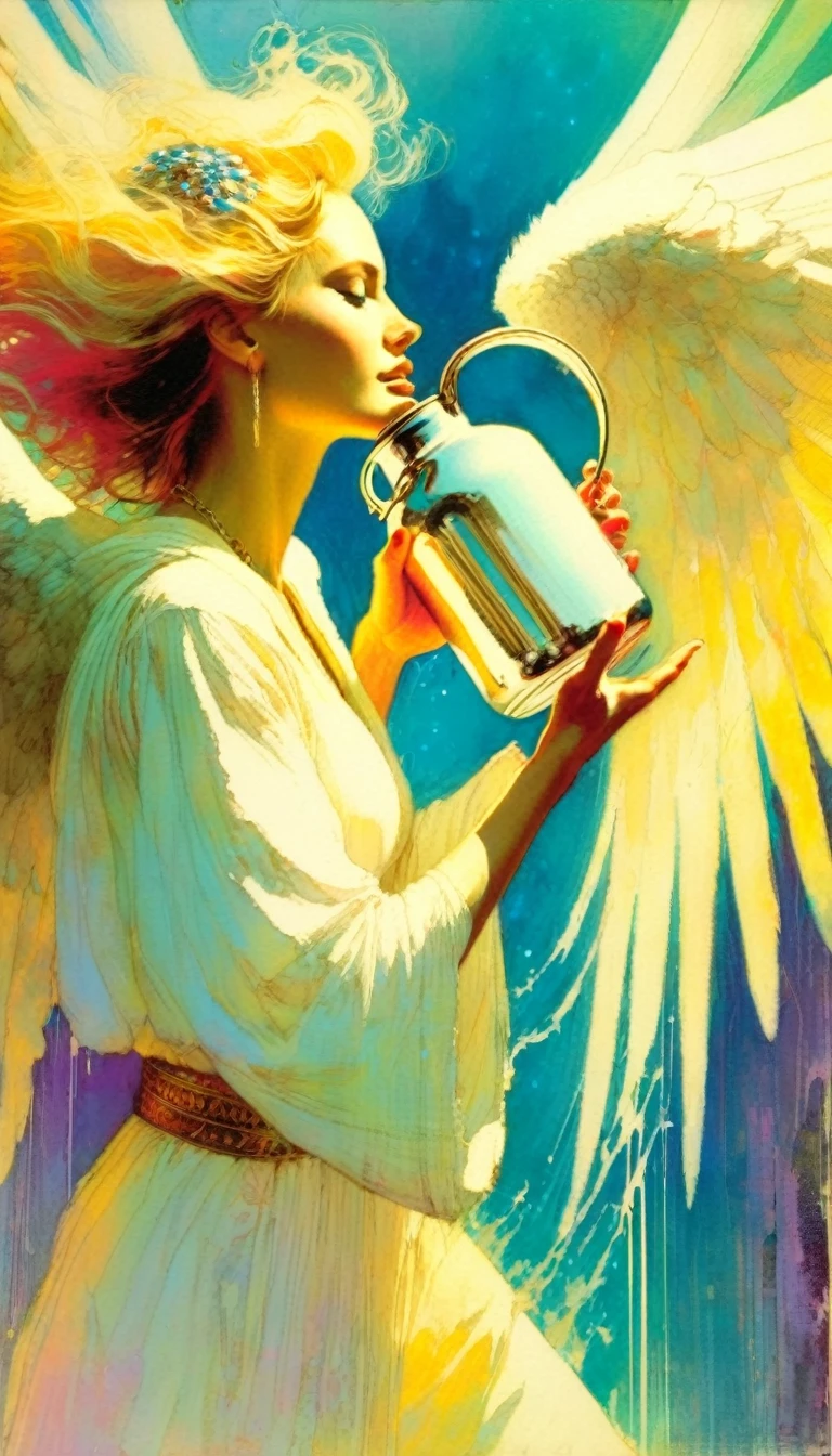 angelic woman passing water from one jug to another, work by Bill Sienkiewicz, vivid colors, intricate details, oil.