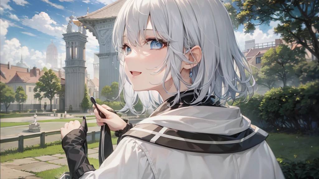 Her eyes were shining、Mysterious and enchanting atmosphere。With AI Painting、とてもShort Hair, Long bangs between the eyes, Grey Eyes , Very detailed,(masterpiece、Highest quality)、alone、Gray Hair、Fantasy, Silver Hair, Beautiful Eyes,Ecstasy, charm, attract the audience, Fantasyな風景、White shirt、smile、Open your mouth、Scarf、short hair、Short Hair、hairpin、Dark Eyes、Anime Eyes、Beautiful eyes、Eyes written in detail
