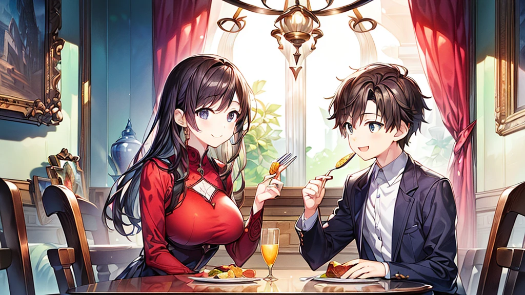 1mother、1son,(((Parent and 、Highest quality、Masterpiece、Official Art、The best dynamic composition)))、(detailed)、Anime Style、A little boy and his mother are happily eating together in the dining room、smile、Sparkling、Heartwarming、