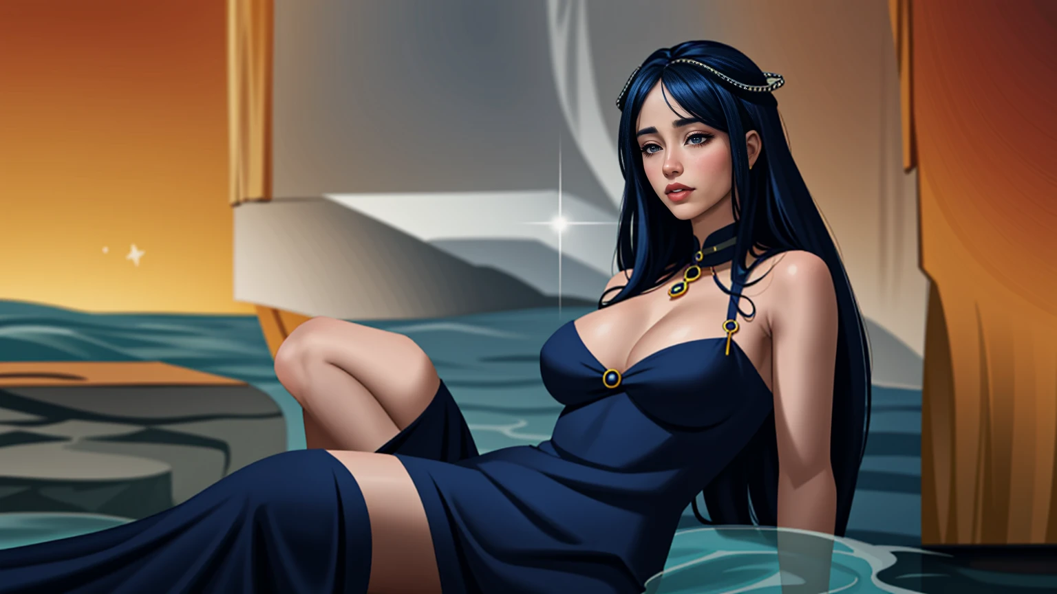 ( Absurd , High quality , ultra detailed, careful with hand )Zodiac - Sagittarius goddess , similar to latin goodness . Optimistic, fair-minded, funny and intellectual face . Reckless, cold-hearted, impatient, overconfident style . Dark blue eyes (eyes detail) , deep blue hair with bling bling , transparent dress , in the ocean with stars , whole body , fire nature , god Chiron