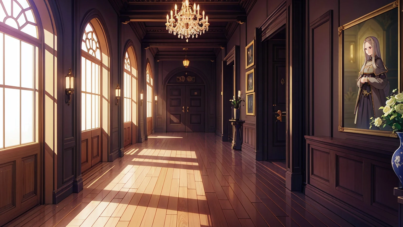 Corridor of a medieval nobleman's mansion,masterpiece,game CG,アニメ,Unmanned, No human,background,,,Wooden, indoor, house,