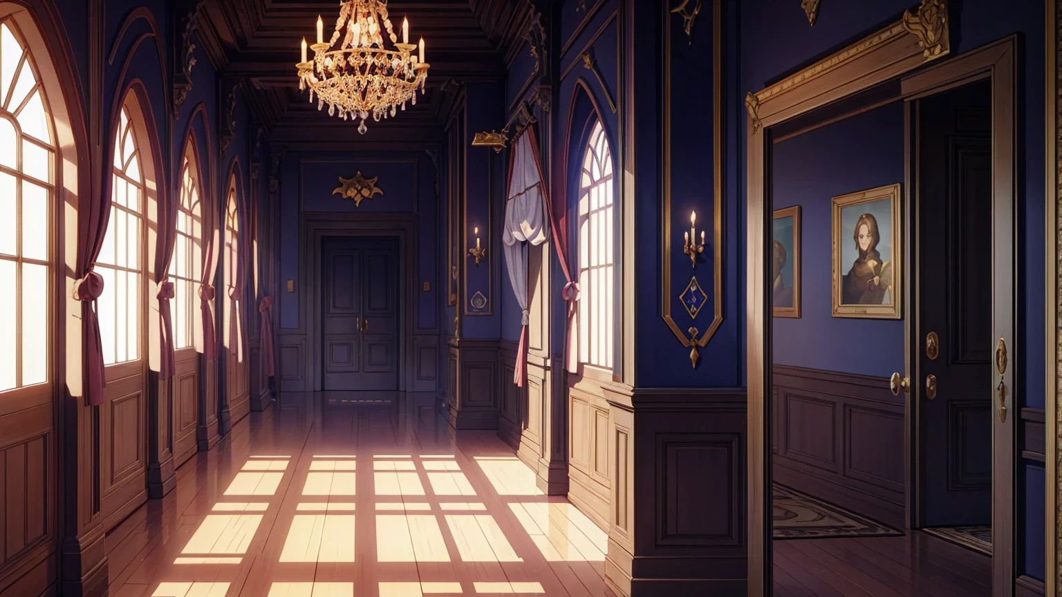 Corridor of a medieval nobleman's mansion,masterpiece,game CG,アニメ,Unmanned, No human,background,,,Wooden, indoor, house,