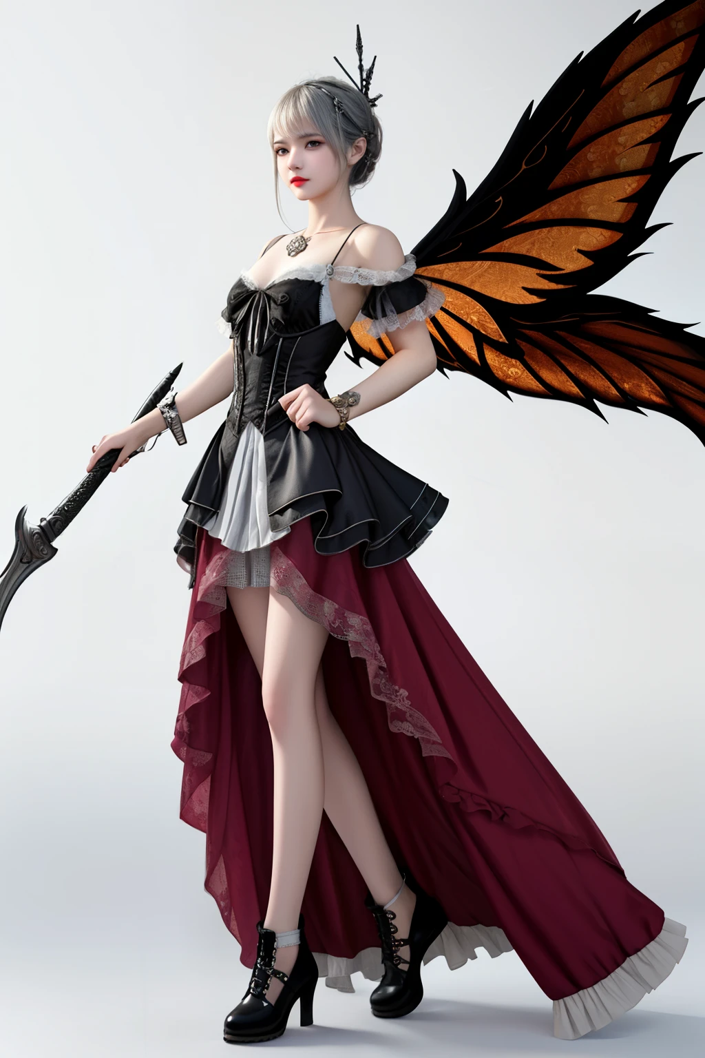 ((best quality)), ((masterpiece)), (detailed), 1girl, Character design, female, dynamic poses, long white grey hair, grey white eyes, very skinny, detailed, best quality, no accesoires around the neck, no shoes, prominent collarbones, skinny arms, flat stomach, visible hip bones, full body, blank white background, plain background, white background, red and white clothing, Bloodborne inspired, occult aesthetic, occult, detailed and intricate steampunk and detailed gothic, NSFW, Very dramatic and cinematic lighting, cosmic horror, grim-dark, side-lighting, perfect face, NSFW, Fluttering lace flared long knee length dress with frilly petticoats, knee length dress, pleated petticoats, petticoats gothic, complex lace boots, side-lighting, gothic aesthetic, wielding a mighty sword with mechanical components, mandalas, small breasts, a fairy, various different types of insect wings, NSFW, full body, whole body, body, plain background, white background, blank background, no background, white background NSFW, chains, full body, whole body, head-to-toe NSFW