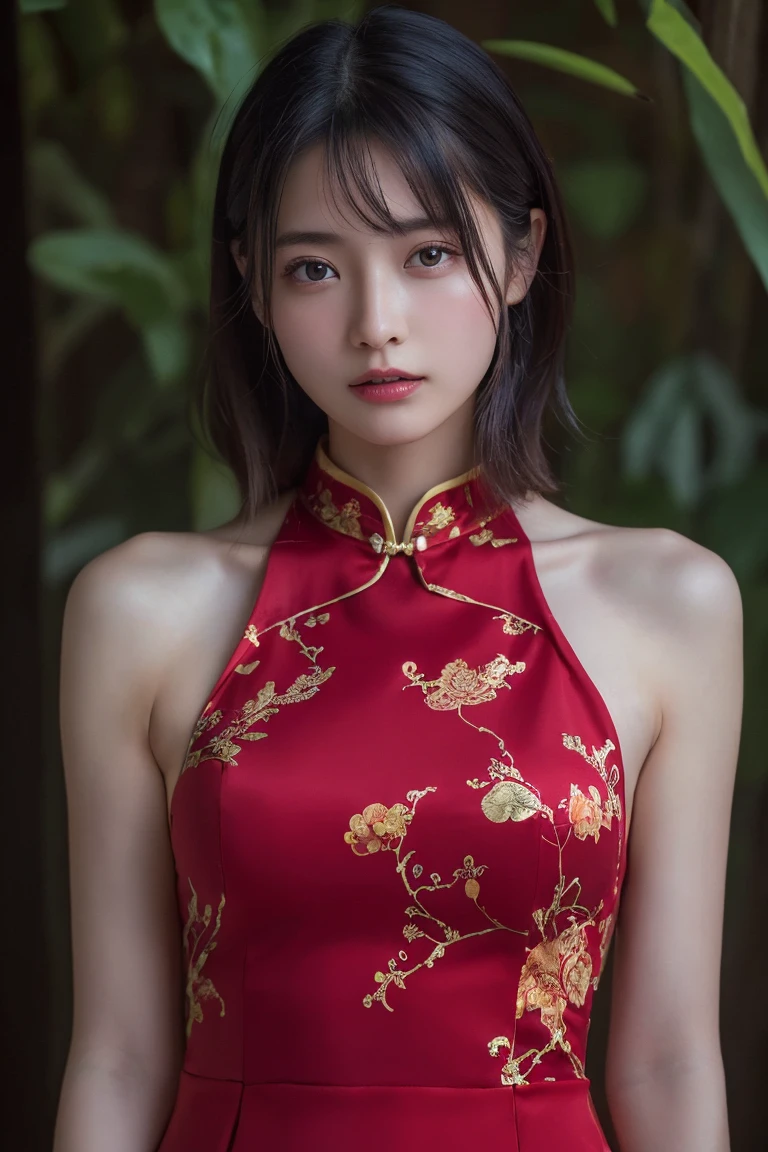 (Highest quality:1.4),(masterpiece:1.4),(Realistic:1.4),(Realistic:1.2),(超High resolution, RAW Photos:1.4),(High resolution, Ultra-detailed:1.2),(8K:1.2),Movie Photos,a photo of a dark-haired,One girl,alone,wear ,((China dress))、((Upper Body:1.3))
