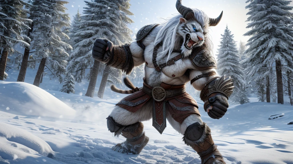 head、Animal cat face、A pair of dragon horns，Full body of fluffy white hair、Heavy breathing、Gnashing of teeth,Serious expression,Fluffy belly、Leather Armor，Viking style，wildcat、blue eyes，(contour）Full body covered with long white hair、Hairy body、Long and thick armpit hair、Fangs、4K，Black and white photo tree background，Snow Scene，Sharp claws、Capture the composition of the whole body、Pull the bow with both hands，Fighting Pose