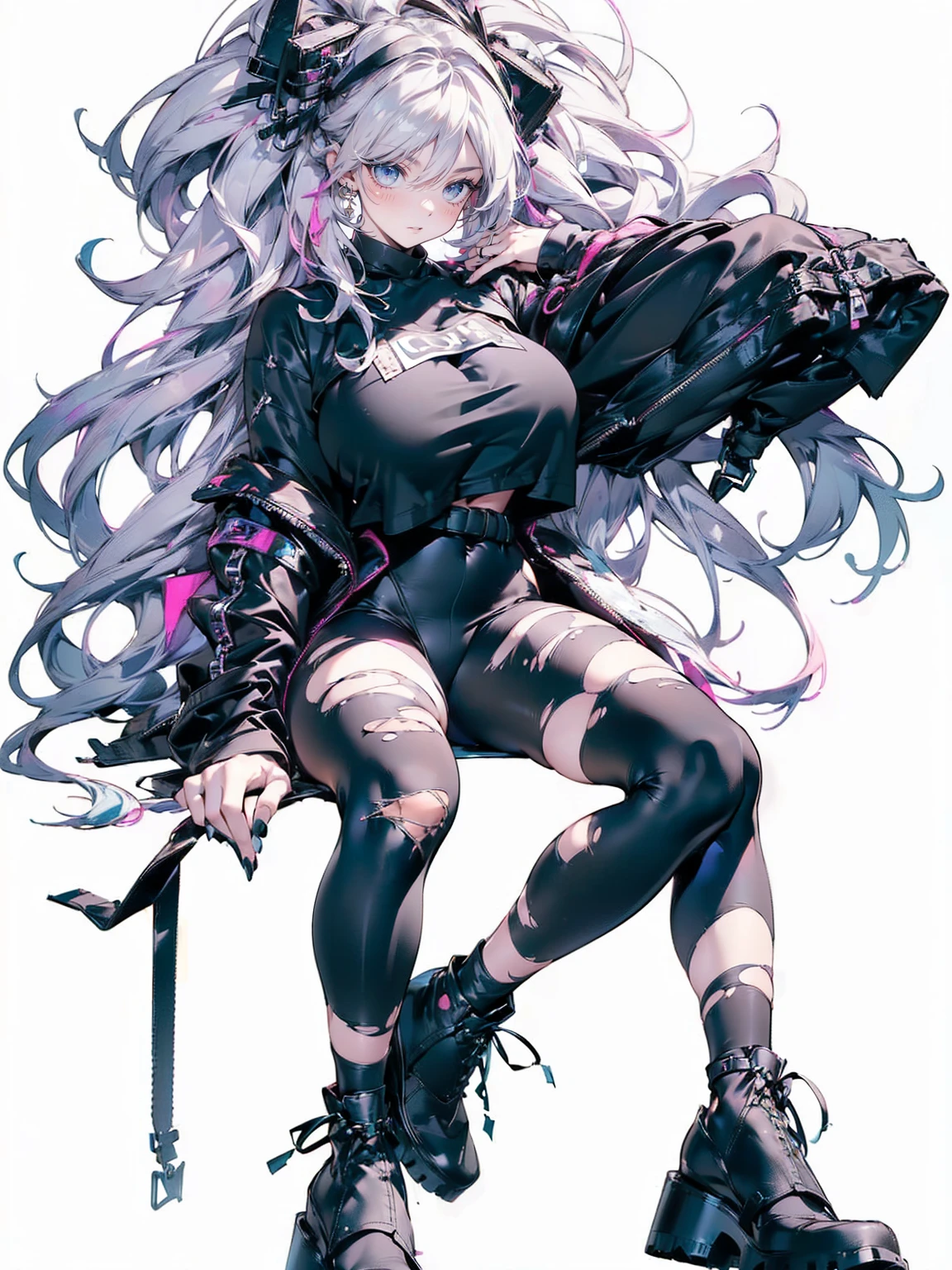 (((unique look:1.5, The eyes of famous artists, Unique Fashion)))、Pink Hair (White Hair Girl), (Thick, dark blue eyebrows:1.4), (Dark blue eyebrows:1.7), (Thick eyebrows:1.3), (Huge black fluffy animal ears:1.1), (Black animal ears:1.1), BREAK, (((Mesh Stitching Crop T-Shirt, Cutout Long Sleeve Top))),BREAK, (Big Breasts:1.2, Thick legs, Adult female body, Sturdy body:1.5), ((Relax in the great outdoors:1.5)), (sharp eyes, Ultra-high definition CG, Precisely designed costumes, 4K, 8K, Ultra-high definition CG, Precisely designed costumes, Clear lines, Expressive and Captivating Eyes, Fine Details and Realistic Textures, cinematic lighting), , BREAK, (Wearing black leggings with holes), Skinny sleeves, (Torn and holey leggings:1.2)(Black leggings:1.4), (Punkish Boots:1.2), (Thick sole:1.5), (Big shoes:1.3), ((unique look:1.5, The eyes of famous artists))
