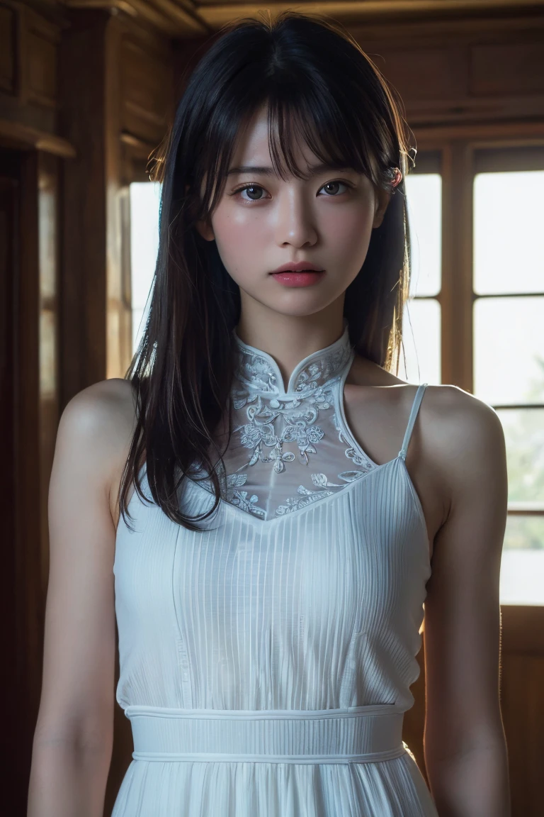 (Highest quality:1.4),(masterpiece:1.4),(Realistic:1.4),(Realistic:1.2),(超High resolution, RAW Photos:1.4),(High resolution, Ultra-detailed:1.2),(8K:1.2),Movie Photos,a photo of a dark-haired,One girl,alone,wear ,((China dress))、((Upper Body:1.3))