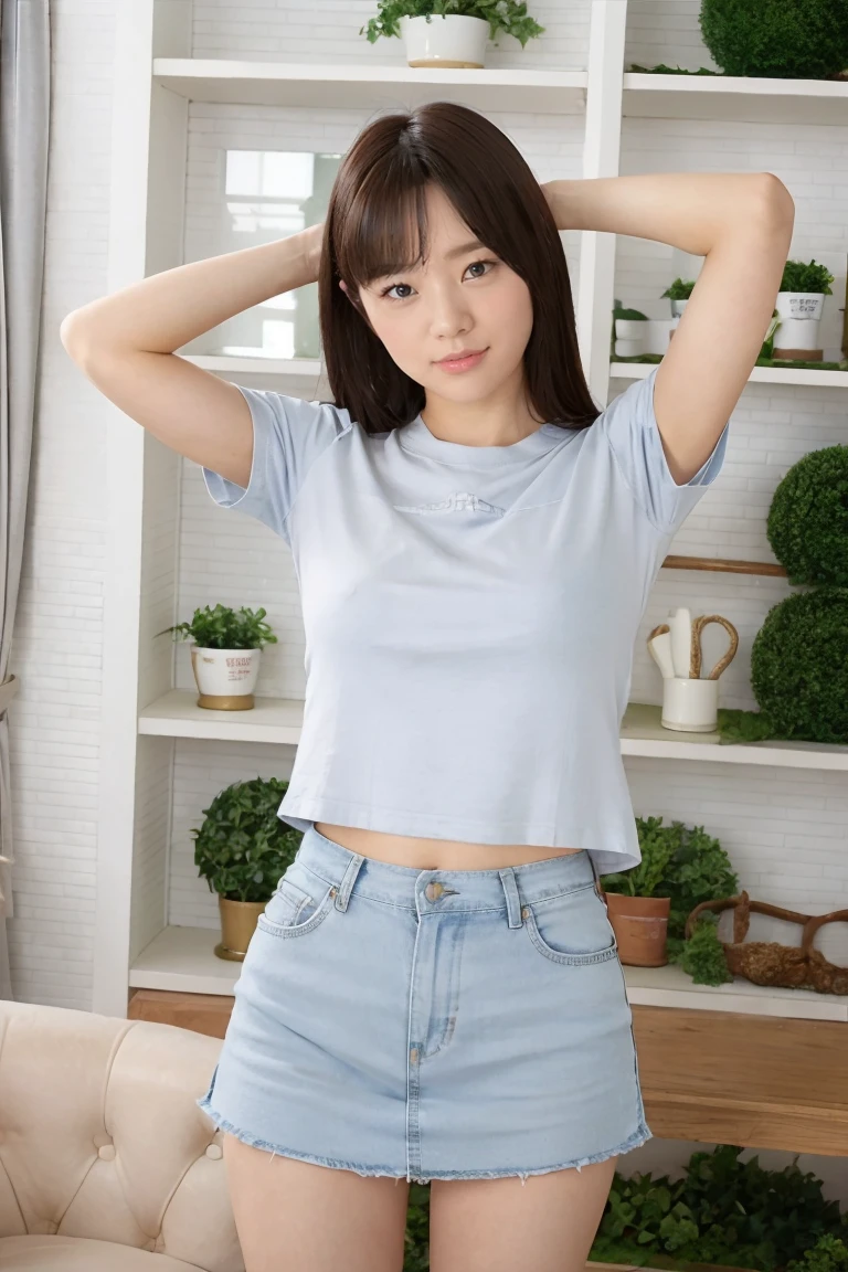 Medium Size Display, Medium Shot, Written boundary depth, Photograph the whole body, Movie angle,Action pose、masterpiece, Highest quality, Very detailed, CG, 8k wallpaper, Beautiful Face, Delicate eyes, Otome, alone, smile, cute、White T-shirt,Light Blue Denim Mini Skirt