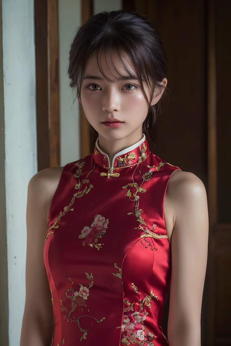 (Highest quality:1.4),(masterpiece:1.4),(Realistic:1.4),(Realistic:1.2),(超High resolution, RAW Photos:1.4),(High resolution, Ultra-detailed:1.2),(8K:1.2),Movie Photos,a photo of a dark-haired,One girl,alone,wear ,((China dress))、((Upper Body:1.3))