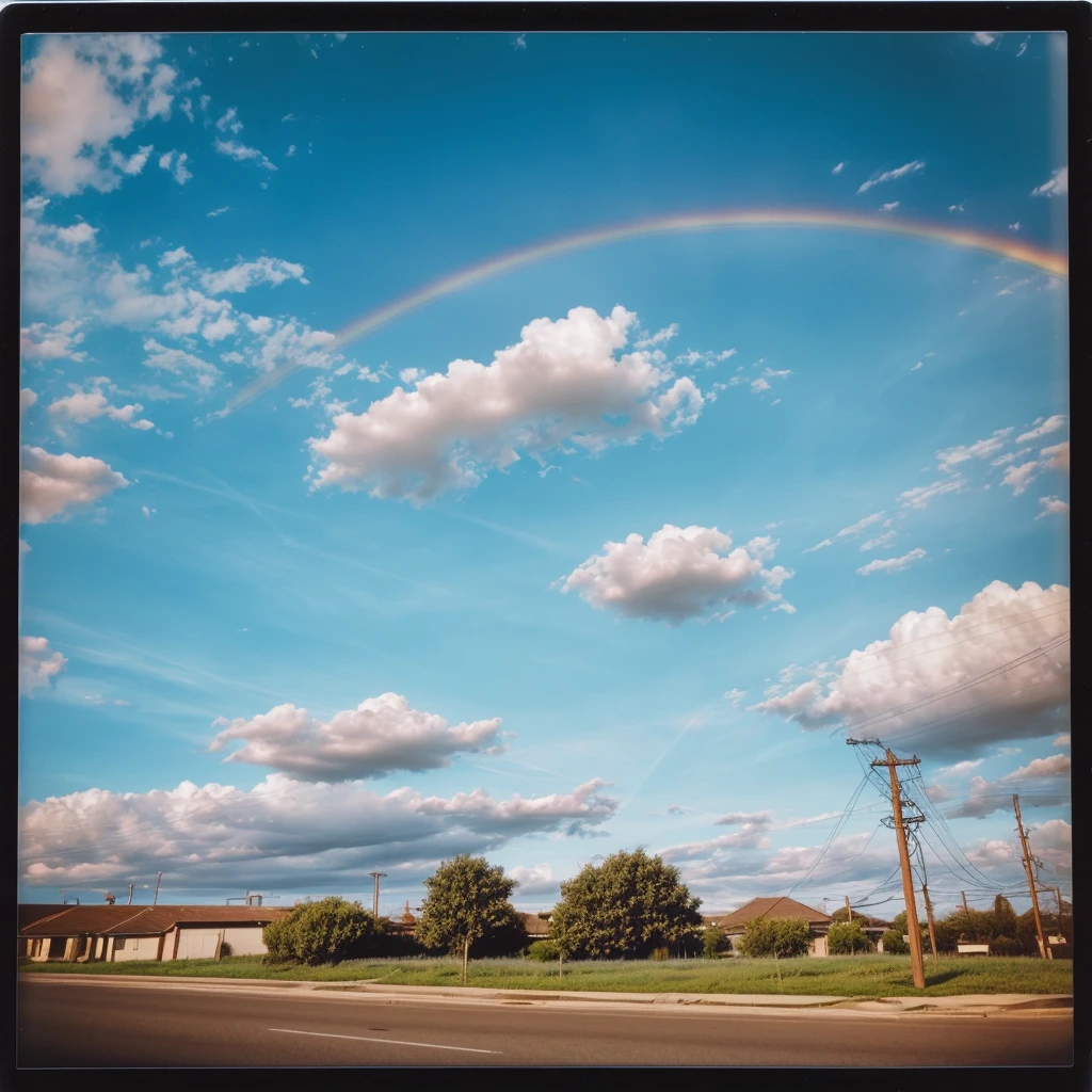 Polaroid photo, clear blue sky with rare clouds, one semi-transparent rainbow, electric wires, retro vibe