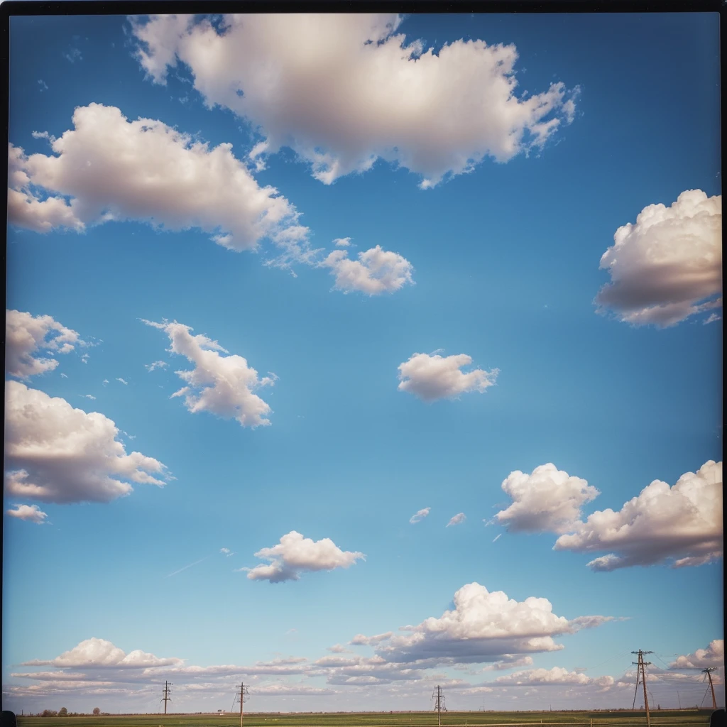 Polaroid photo, clear blue sky with rare clouds, one semi-transparent rainbow, electric wires, retro vibe
