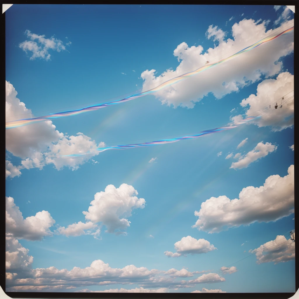 Polaroid photo, clear blue sky with rare clouds, one semi-transparent rainbow, electric wires, retro vibe