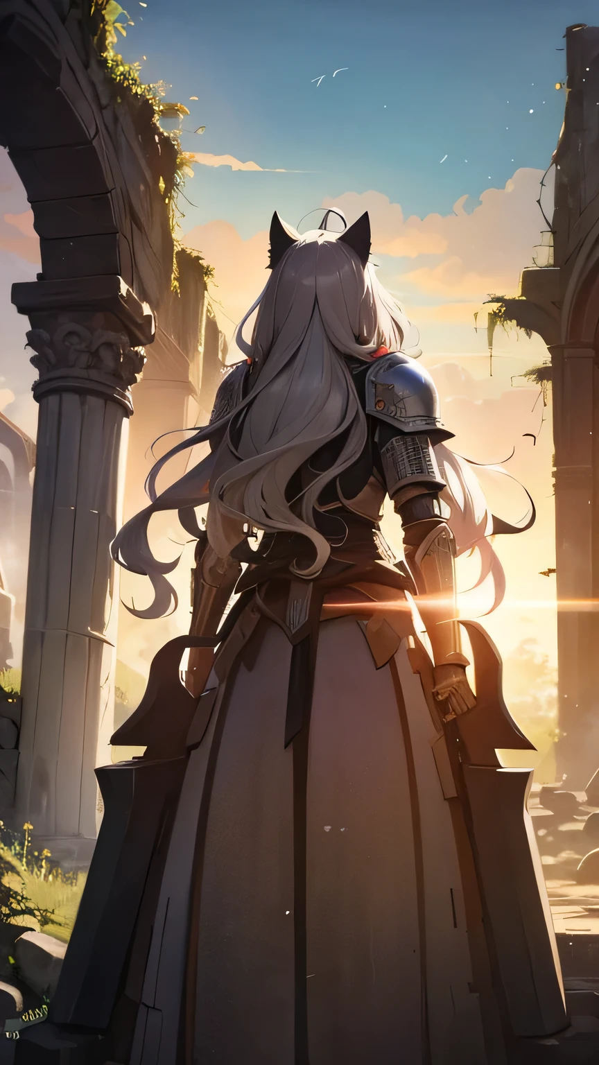 grey hair, wavy hair, cat ears, multicolored eyes, wince, anime style, backlighting, UHD, masterpiece, super detail, high quality, highres, 8k, doyagao, Armor, knight, ruins