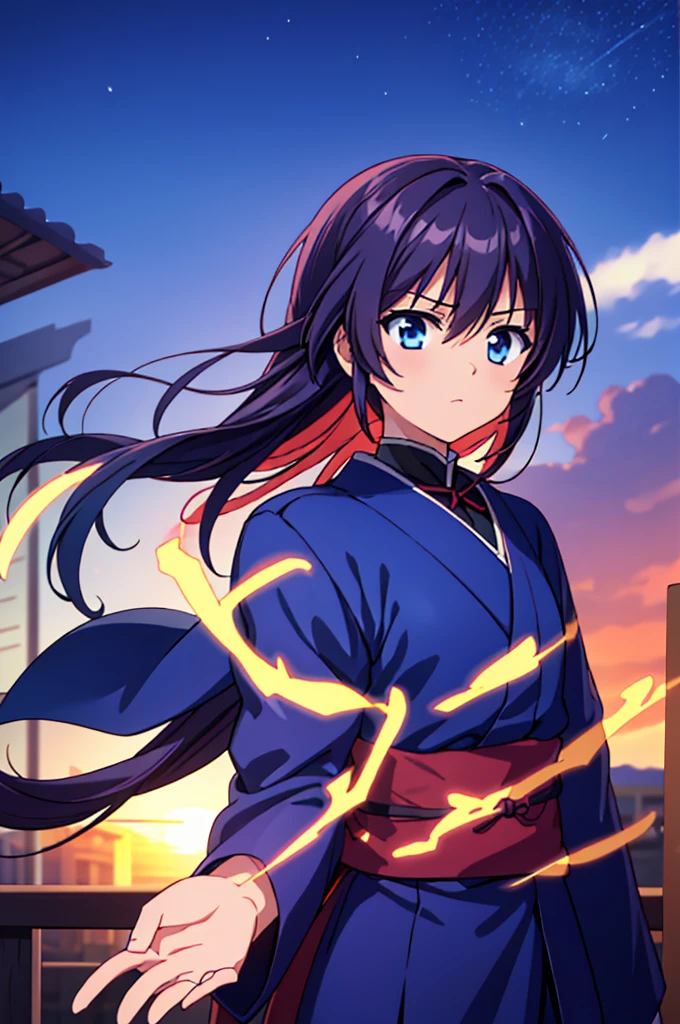 Highest quality, masterpiece, High resolution, alone, (Rurouni Kenshin: Saito Hajime),(Glaring Eyes),roar,((Dentitions)),Evening sky_background,Young Girl,Anime Style, Highest quality, 4K, masterpiece,, alone, 1,whole body,looking at the camera, 星空‗background,Shinkai Makoto style, (dark blue_coat)Sharp Eyes,Low posture,(Japanese Army‗Military Uniform),(Full Finger), (Accurate fingertips), (The finer details), (Anatomically correct), (映画のbackground), Hyper Detail, (Subtle details), (Intricate details),