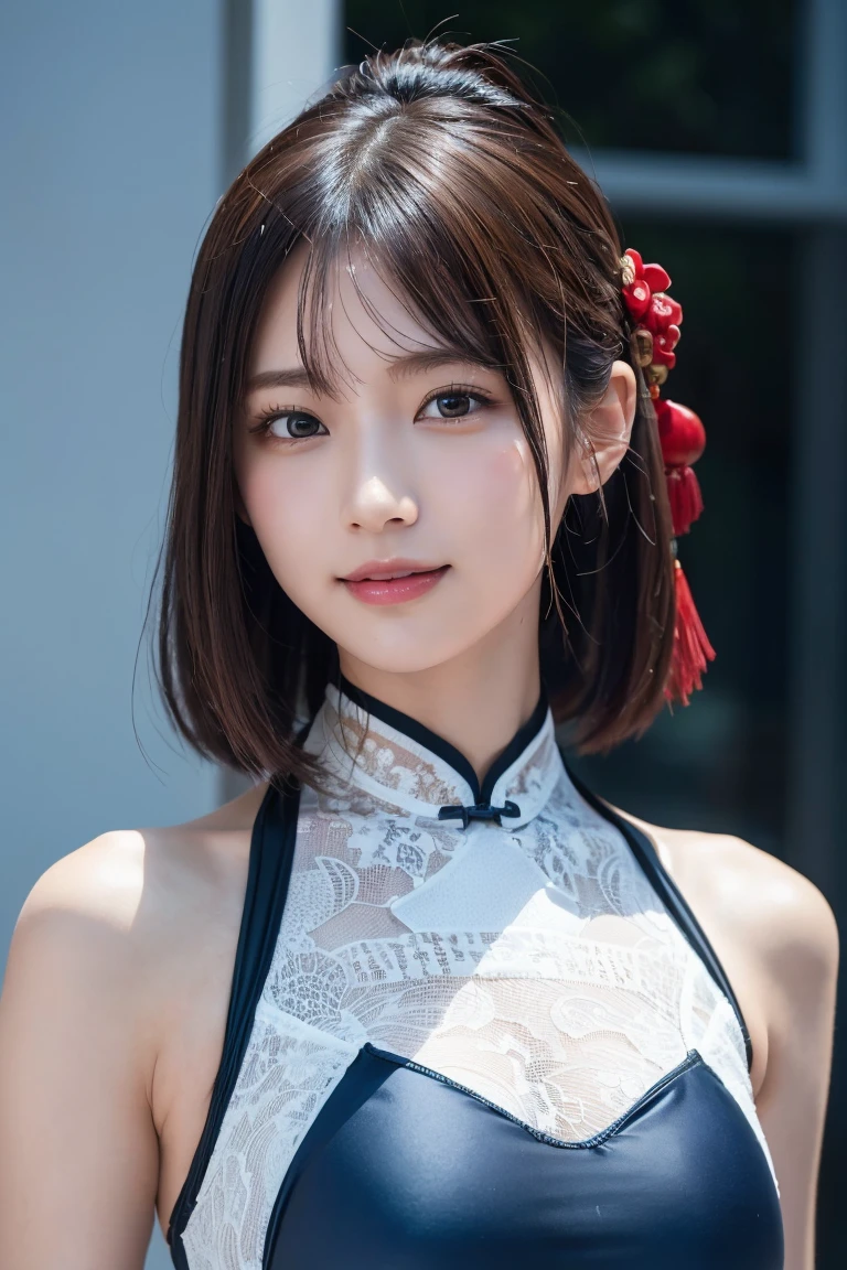 masutepiece, Best Quality, 8K, 10yo student, Teen, Raw photo, absurderes, award winning portrait, Smile, Solo, (Night:1.8), Idol face, violaceaess, Delicate girl, Upper body, Digital SLR, Looking at Viewer, Candid, Sophisticated,Thin arms, Professional Lighting, Film grain, chromatic abberation, (Eyes and faces with detailed:1.0), (Bokeh:1.1) , (qipao dress:1.0) , closes mouth