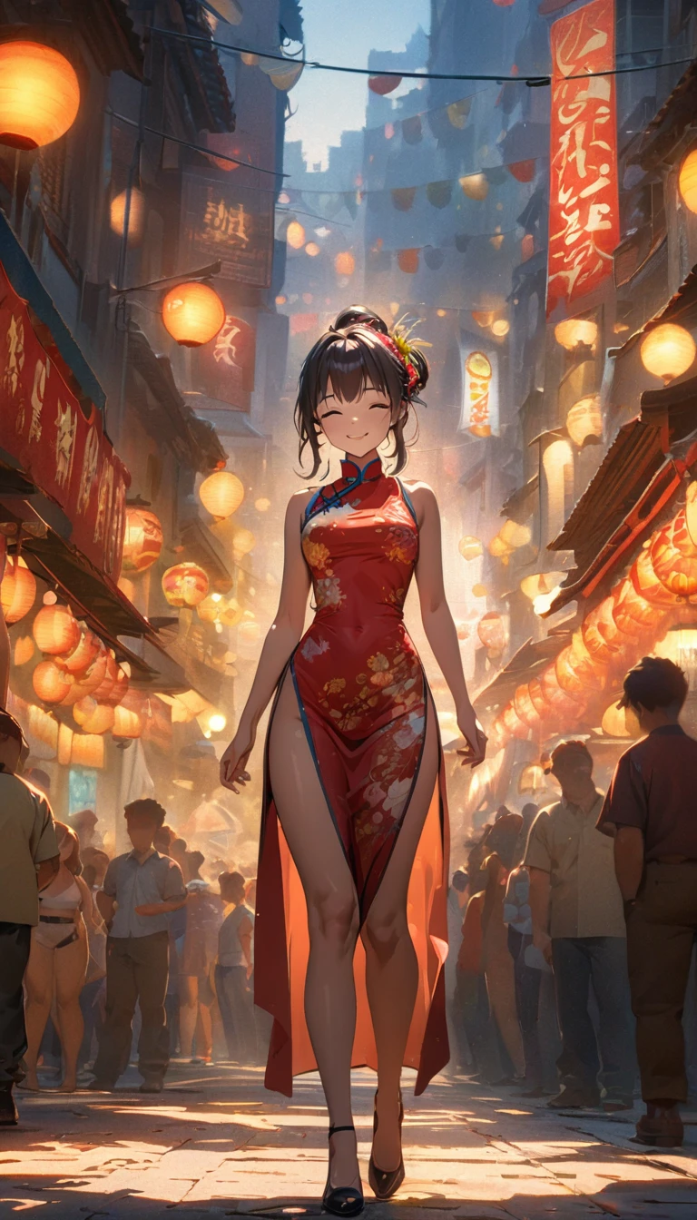 (best quality,8k,highres, masterpiece:1.2), (anime style),ultra-detailed, HDR, UHD, studio lighting, ultra-fine painting, sharp focus, physically-based rendering, extreme detail description, professional, vivid colors, bokeh, portraits, concept artists, warm color palette, dramatic lighting,Summer festival night,1 beautiful woman,(no sleeves China dress),updo, big smile, closed eyes, (The cityscape lined with the fairs of summer festivals),(beautiful hair, glowing skin,),full body,(Silhouette of a passing crowd),(anime style),