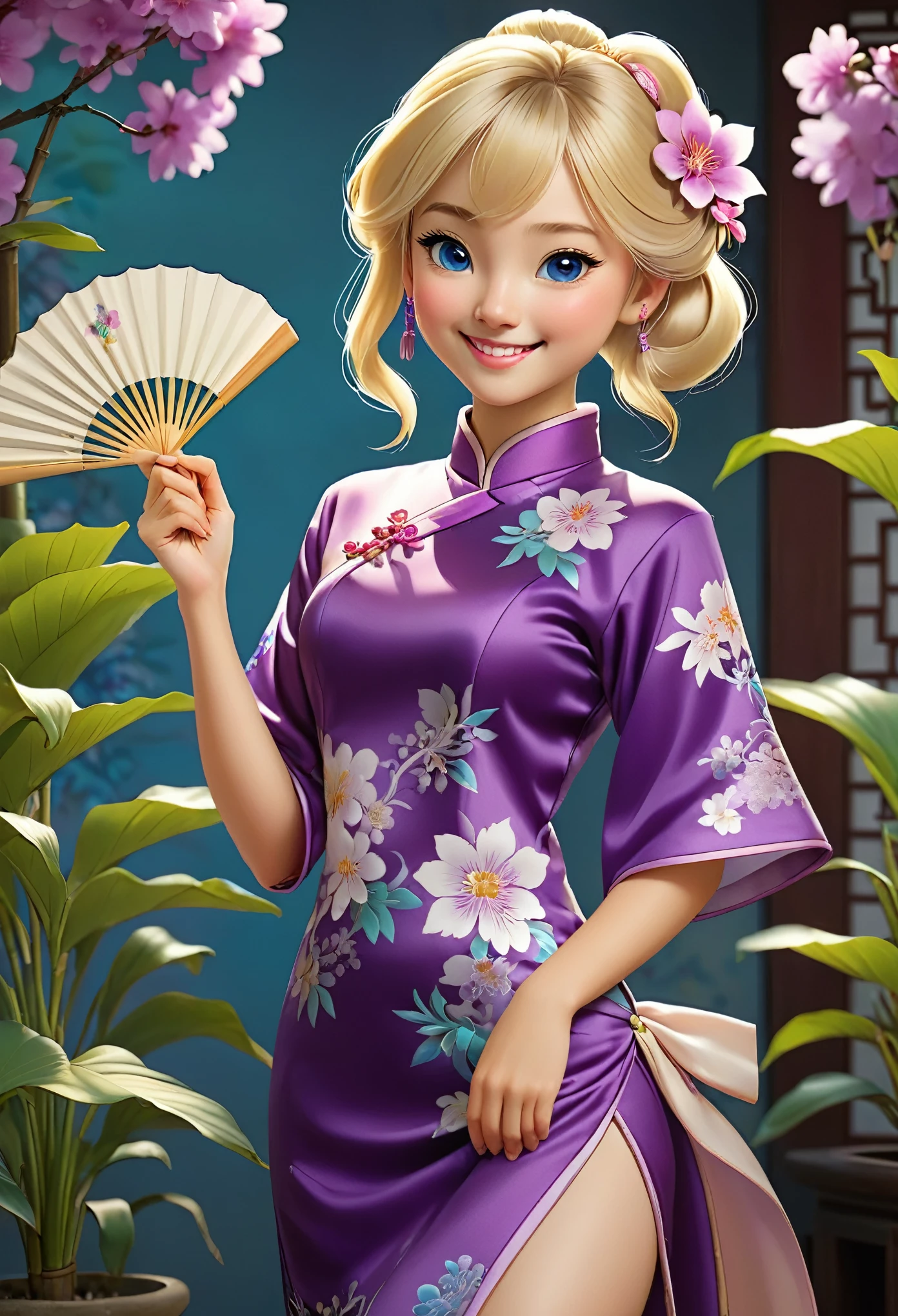 1girl, solo, purple chinese clothes, Cheongsam, blonde hair, looking at viewer, smile, blue eyes, hand, fan, hand on hip, flower, plant, realistic,