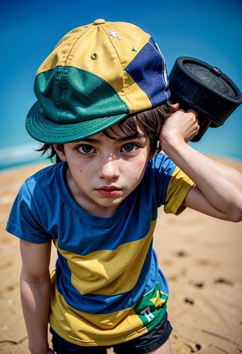 Favela with Brazilian flag, Boy with gun and Disney style team shirt, pixar style render illustration Super Detail, 8k Brasil Fação Boy with hat on his back