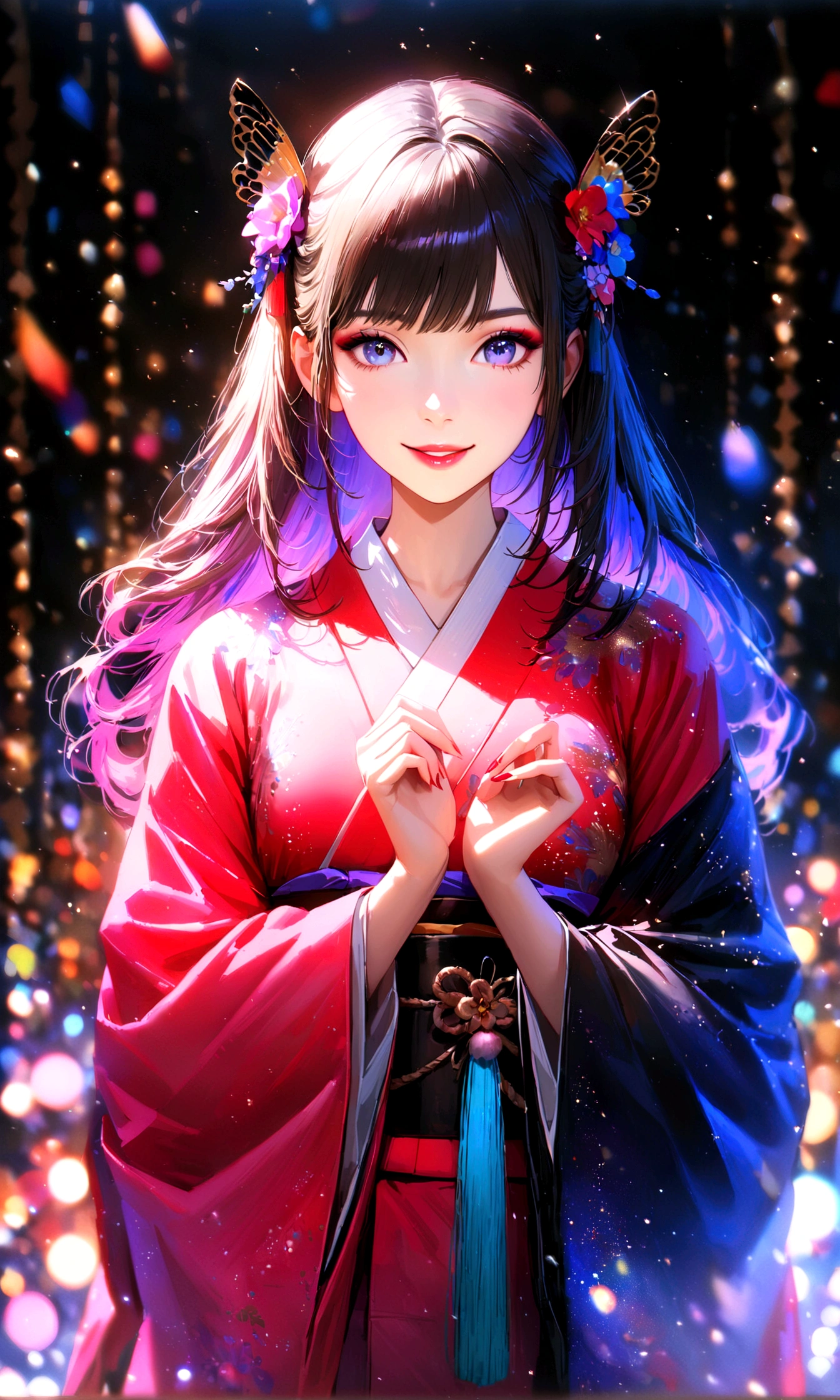 Kyoto, kimono,Maiko makeup,Blur the background,young woman,smile,Glitter effect,Highest quality,8K, High resolution, masterpiece:1.2, Very detailed, Realistic:1.37, High resolution, 超High resolution, Ultra-fine painting, Very detailedな, Vibrant colors