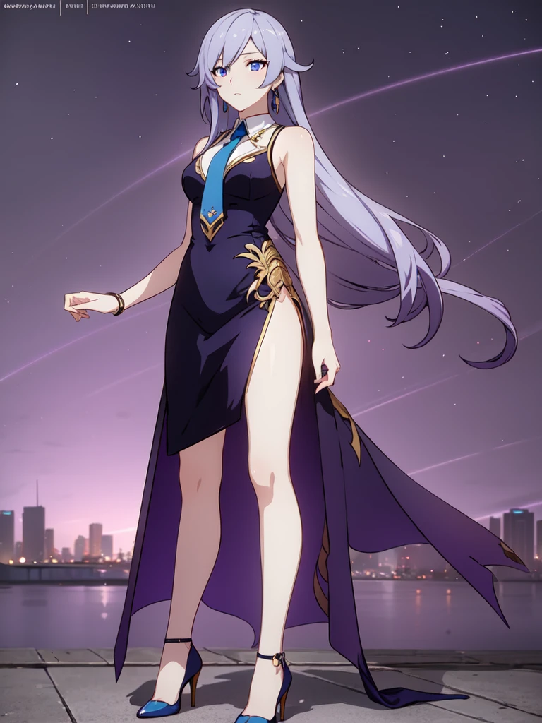 Anime girl, standing on a city street with long hair and blue eyes, Trends in ArtStation Pixiv, purple eyes, blue tie, Beautiful (detailed eyes, detailed face,) gasped, evladef, Noble temperament, high heels, no watermark