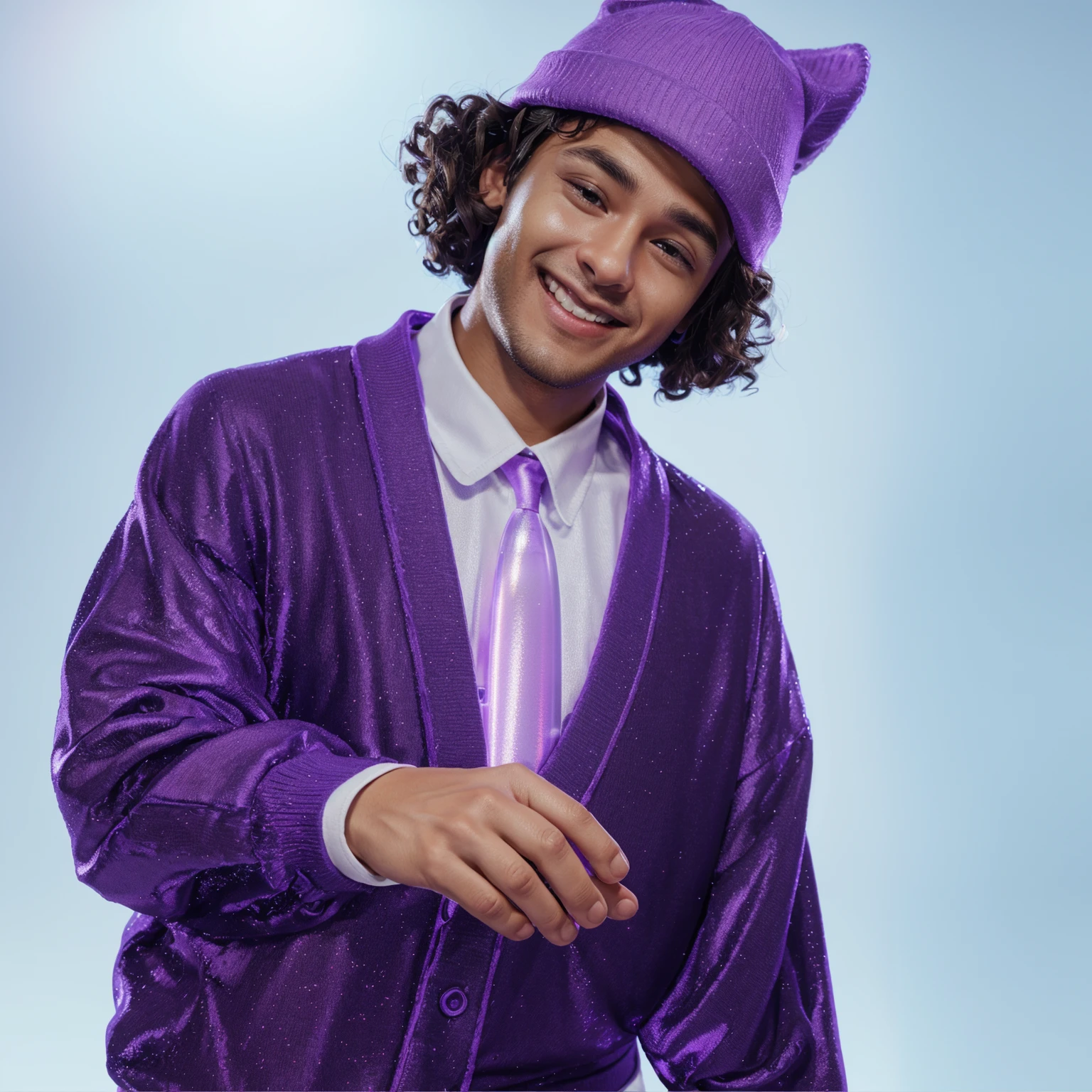 The image shows a young man with curly hair and a big smile, wearing a purple sweater and a purple hat, smooth 3d model, glossy plastic texture, multiple light sources, rim light, sharp post effects render, most beautiful vfx, , realistic, 4k, high resolution, rim light, smooth 3d model. , glossy texture, smooth 3d model, multiple light sources, rim light, sharp post effects render, (glossy plastic texture with multiple big light probe refractions), perfect cgi, reflective, best quality, 4k, masterpiece:1.2, ultra-detailed, realistic, vivid colors, The image of the highest quality, ensuring every detail showcased perfectly. It in 4k resolution, allowing viewers to immerse themselves in the richness of the colors and intricate details. The realistic rendering. under the spotlight, reflecting, high-resolution image, realistic rendering