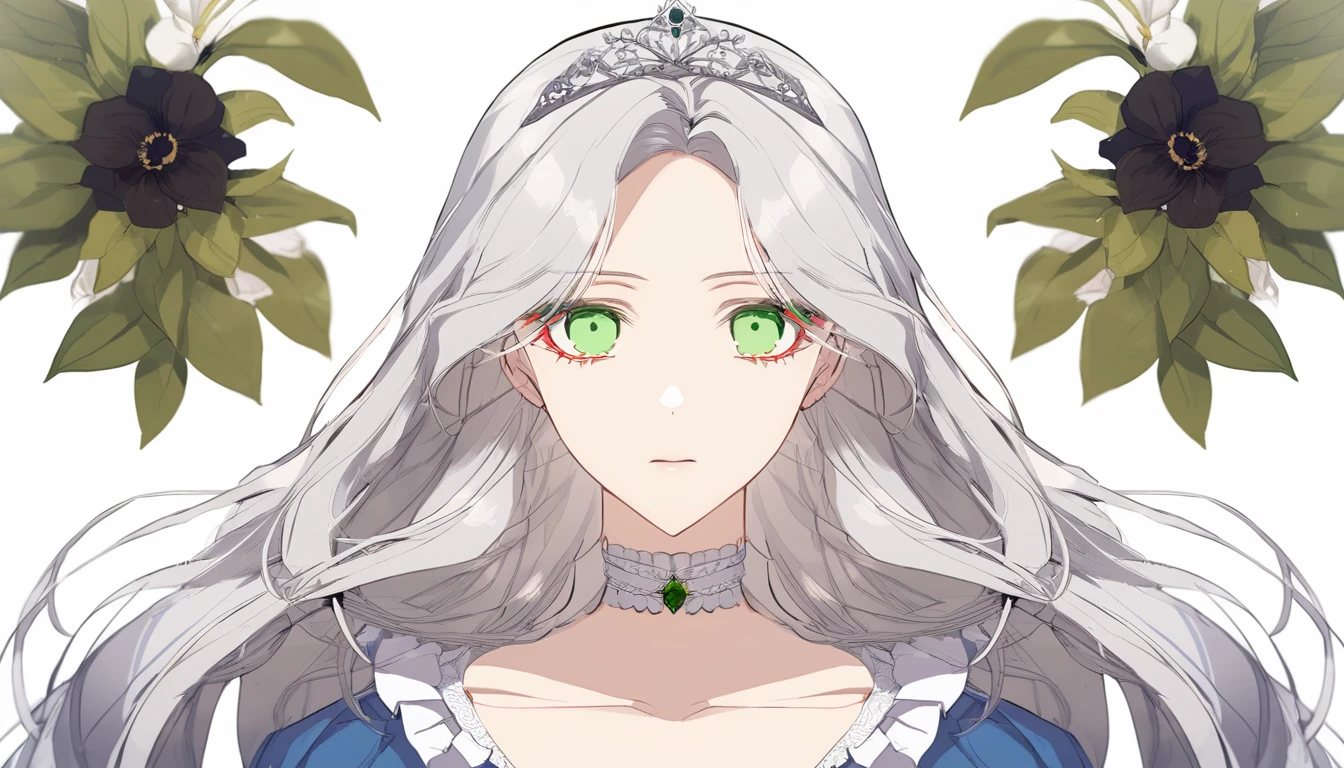 shoujo-style, (floral background), romance manhwa, (2girls, aligned), silver hair, blonde hair, solo, long hair, flower, dress, tiara, white dress, gloves, long sleeves, choker, green eyes, red eyes, mascara, makeup, white gloves, black bow, black flower, wavy hair, bow, jewelry, looking at viewer, white background, collarbone, puffy sleeves, silver accessories, upper body, parted bangs, very long hair, blue dress, frills, bangs, closed mouth, detailed eyes, (close up), gleaming skin, shiny glossy skin