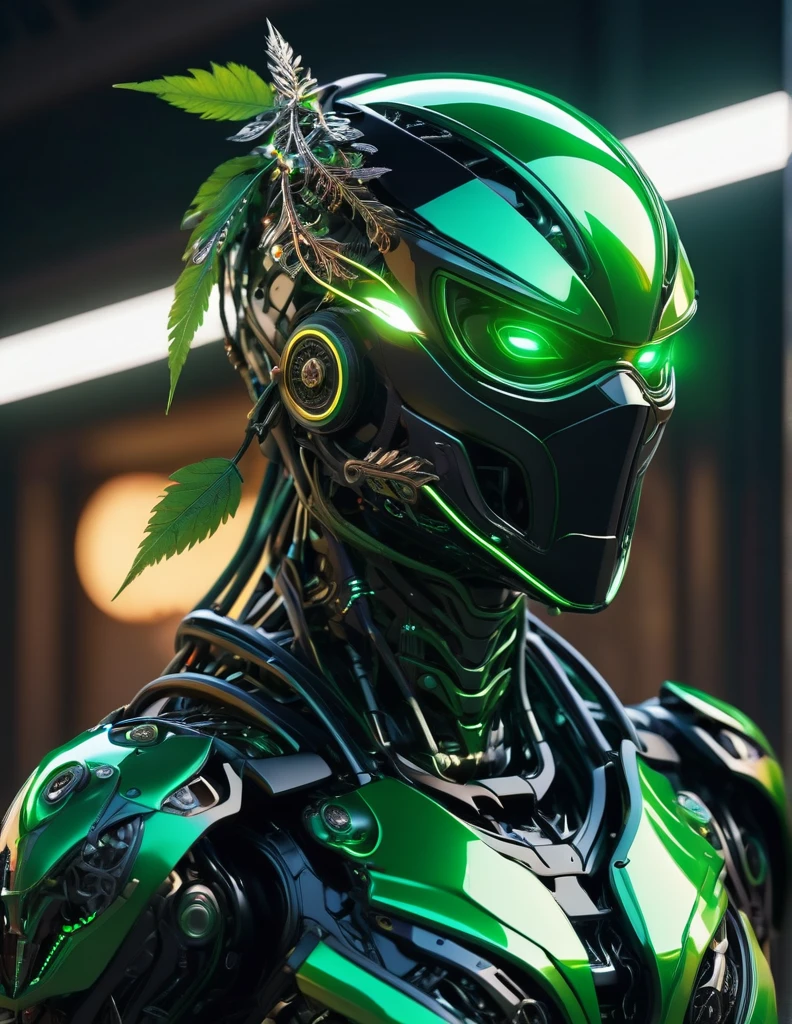 Complex 3d rendering ultra-detailed ninja , biomechanical robot, simulated 150mm shot, beautiful natural soft edge light, crystal , roots, delicate leaf lace, colorful details, piercings, intricate details, mesh threads, mandelbro fractals, body muscles, cable wires, microchips, badasses, surreal, ultra-detailed, octane rendering, volumetric lighting, 8k post-production, black and green with a touch of black, metallic skeleton details, ninja , futuristic ninja , power of ninja ,