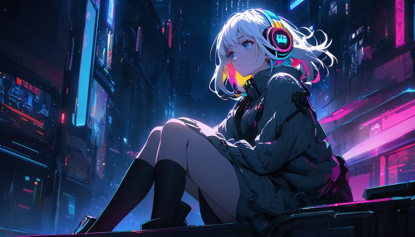 Handsome cute, Solitary, 1 female, Medium Length Hair, white hair, Rainbow hair, blue Eyes, Rainbow headphone, knit dress, Futuristic, Cyberpunk, Cybernetics panoramic, in the night, looking away, Sitting, umbrella,