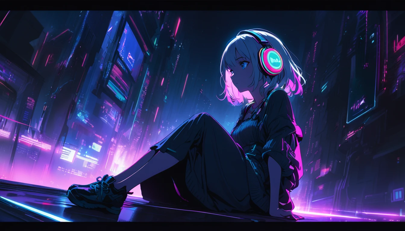 Handsome cute, Solitary, 1 female, Medium Length Hair, white hair, Rainbow hair, blue Eyes, Rainbow headphone, knit dress, Futuristic, Cyberpunk, Cybernetics panoramic, in the night, looking away, Sitting, umbrella,