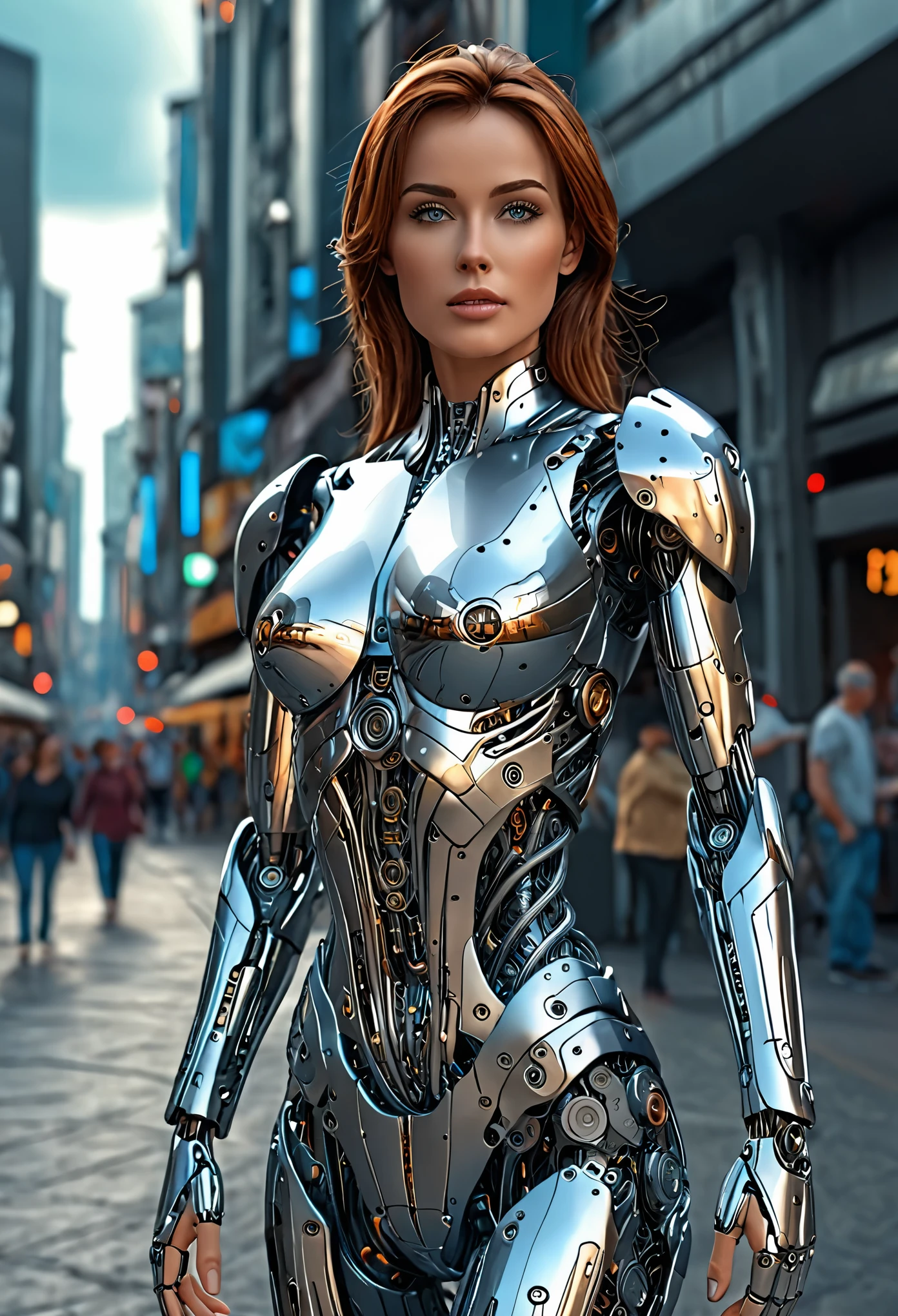 beautiful woman-robot, futuristic city backdrop, intricate mechanical parts, slender graceful humanoid form, magnificent anatomy and physique, 1/2 body crop, best quality, 4k, 8k, highres, masterpiece:1.2, ultra-detailed, realistic, photorealistic, photo-realistic:1.37, HDR, intricate details:1.12, intricate details, hyper-detailing:1.15, natural skin textures, hyper realistic, soft light, Sharp:1.2