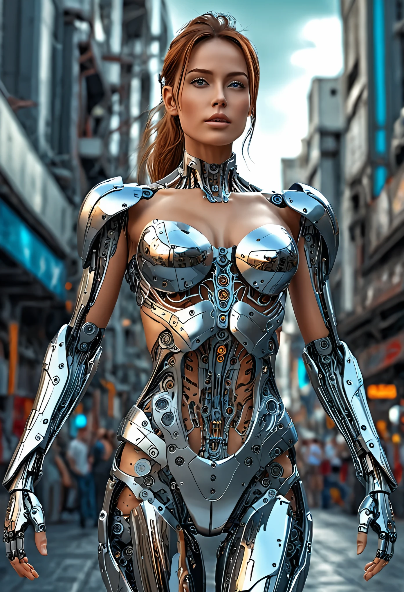 a beautiful woman-robot standing in a futuristic city backdrop, detailed intricate mechanical parts seamlessly blended with a slender, graceful humanoid form, magnificent anatomy and physique, 1/2 body crop, (best quality, 4k, 8k, highres, masterpiece:1.2), ultra-detailed,(realistic, photorealistic, photo-realistic:1.37), HDR, (intricate details:1.12), (intricate details, hyper-detailing:1.15), (natural skin textures, hyper realisitc, soft light, Sharp:1.2)