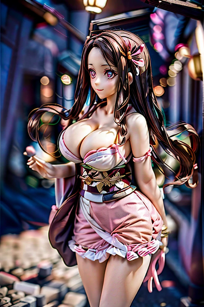 rialistic photo、Real Images、Top image quality、masterpiece, (Pink kimono), seductived faced, good lighting, beautiful thigh、adult appeal、Adults、Big、cleavage, finely detail, masterpiece,I can see my panties、 radiant eyes, 1girl in, A dark-haired, SUCK, Kamado Nezuko, wisteria background, masterpiece, top-quality, POV,,