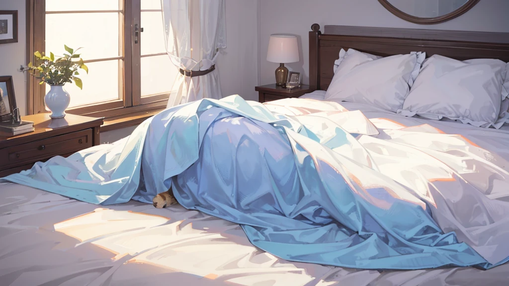 High-quality, high-resolution illustration. A cat sleeping on a bed at midnight. The scene should be dimly lit by moonlight filtering through a nearby window. The cat is curled up comfortably, and the bed has a soft, cozy blanket. The room is peaceful and quiet, with a serene ambiance. Include subtle details like the texture of the cat's fur and the gentle folds of the blanket.