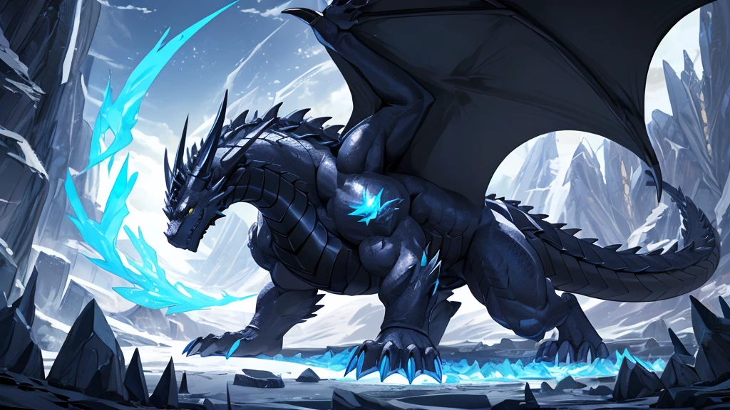 (The tyrannical and powerful Black Dragon King,Modern black and gold armor:2),(Large dragon body,Huge size,Majestic wingspan,Sharp thorns,Huge dragon claw,Huge paws,Thick dragon tail,The huge black dragon king,Black dragon:2),Strong physique,(Blue ice flame,Get on all fours:2),Brutal Behemoth,war,glacier,Dragon God,Overwhelming presence,Full body picture,Very detailed,4k HD,HD Wallpapers