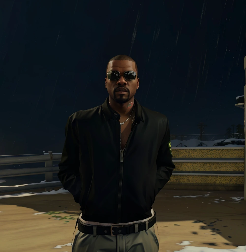 there is a man standing in the snow wearing sunglasses, gta character, as a character from gtav, jesse pinkman in gta v, snoop dogg in gta v, drake in gta v, style of gta v, gta v character, as the protagonist of gta 5, gta 5 skin tone, kanye west in gta v, ingame image, gta v street style