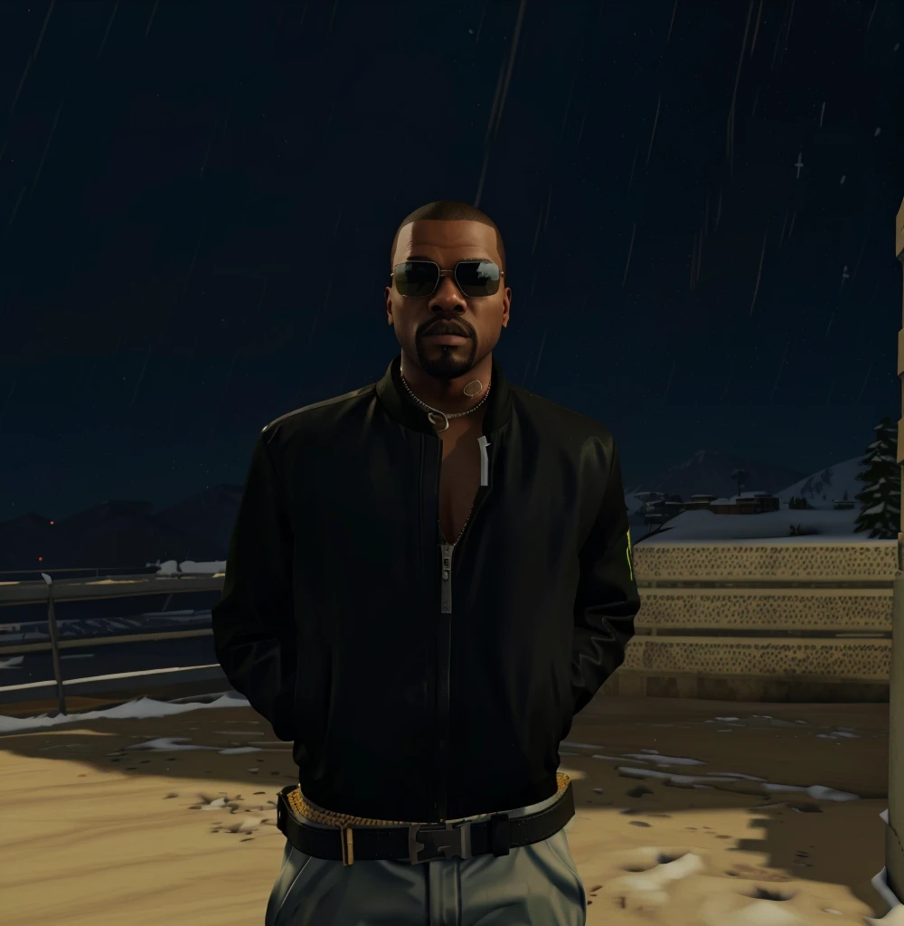 there is a man standing in the snow wearing sunglasses, gta character, as a character from gtav, jesse pinkman in gta v, snoop dogg in gta v, drake in gta v, style of gta v, gta v character, as the protagonist of gta 5, gta 5 skin tone, kanye west in gta v, ingame image, gta v street style