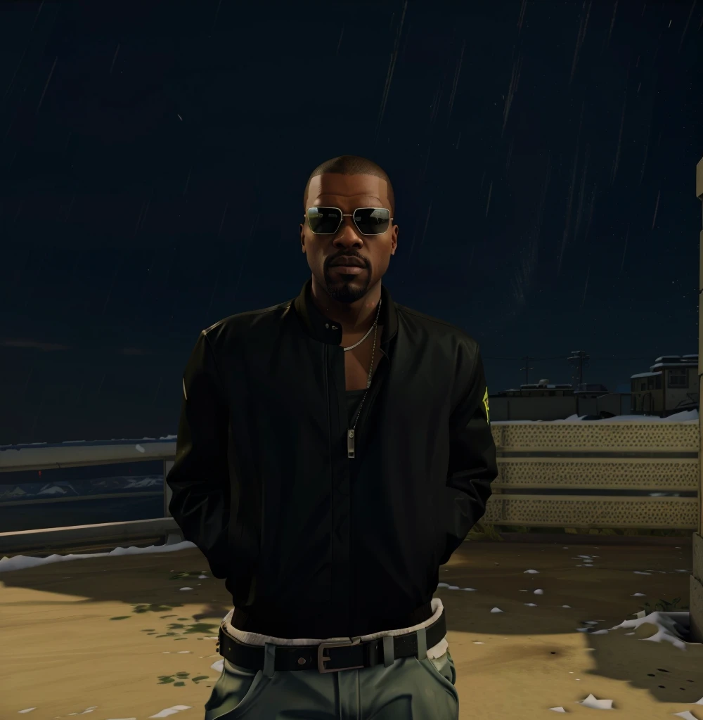 there is a man standing in the snow wearing sunglasses, gta character, as a character from gtav, jesse pinkman in gta v, snoop dogg in gta v, drake in gta v, style of gta v, gta v character, as the protagonist of gta 5, gta 5 skin tone, kanye west in gta v, ingame image, gta v street style