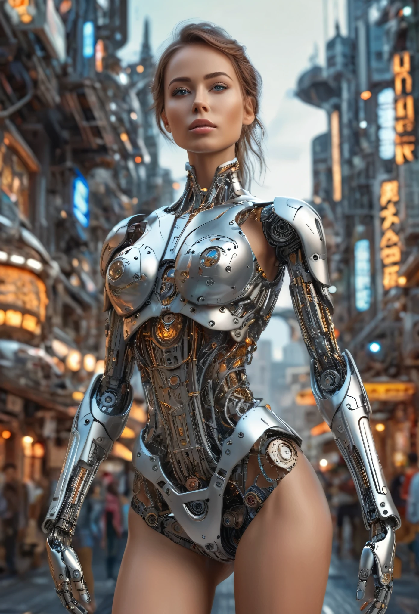 A beautiful woman standing in the background of a futuristic city, Intricate mechanical parts and delicate, Beautiful human figure, Magnificent anatomy and physique, 1/2 Body cutting, (best quality, 4K, 8K, high resolution, masterpiece:1.2), Extremely detailed,(Practical, photoPractical, photo-Practical:1.37), Human Development Report, (Intricate details:1.12), (Intricate details, Ultra Detail:1.15), (Natural skin texture, Surrealism, Soft Light, sharp:1.2)