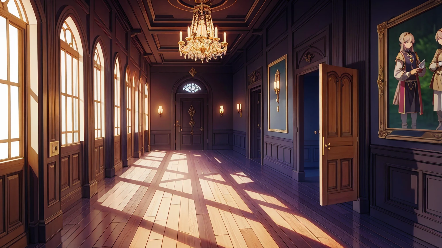 Corridor of a medieval nobleman's mansion,masterpiece,game CG,アニメ,Unmanned, No human,background,,,Wooden, indoor, house,