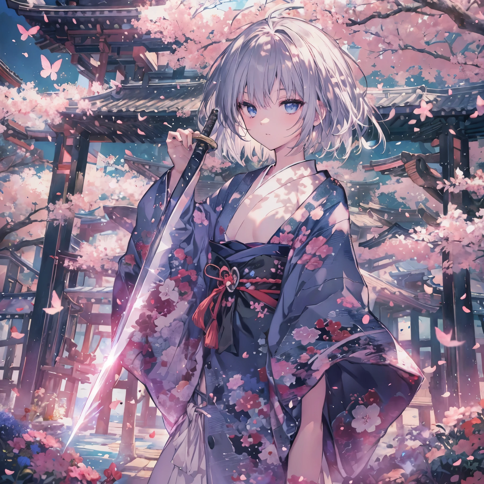(((1 person Gray Hair))) (((Eye patch))) ((High resolution short hair Black kimono Shoulder Rin々Funny face knifeを構える)) ((Black Band samurai Lonely despair blue eyes Pull camera)) ((Blue Butterfly night Japanese style old Shining Aura garden water surface Catch the wind Scattering cherry blossom petals)) (dance 日本knife knife Slashing) ((knifeの反射)) 月night moonlight star Draw your sword Shining Background Shining Edge