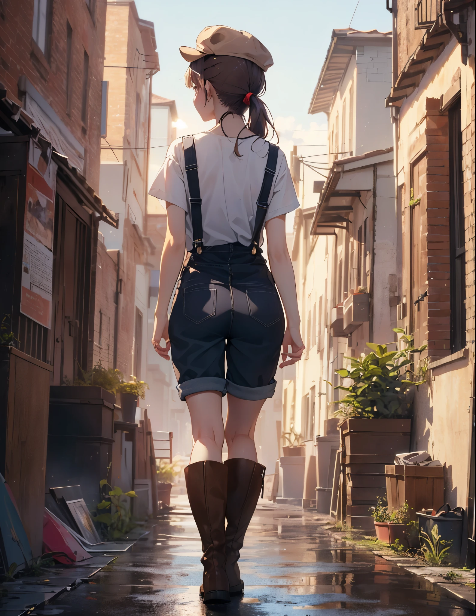 (Close-up:1.3),Realistic,Highest quality, Super detailed, High-quality CG rendering, The most delicate and beautiful, Floating softly, High resolution, (1 girl), (Highest quality,4K,8K,masterpiece:1.2), Light purple hair,(Long ponytail:1.5),Red eyes,(Brown overalls:1.3),(Pure white T-shirt:1.3),(Brown hunting hat:1.3),(Brown boots:1.3),In the city,old buildings,(whole body:1.3),(Are standing:1.3),(Turn your back to your audience:1.3),Butt