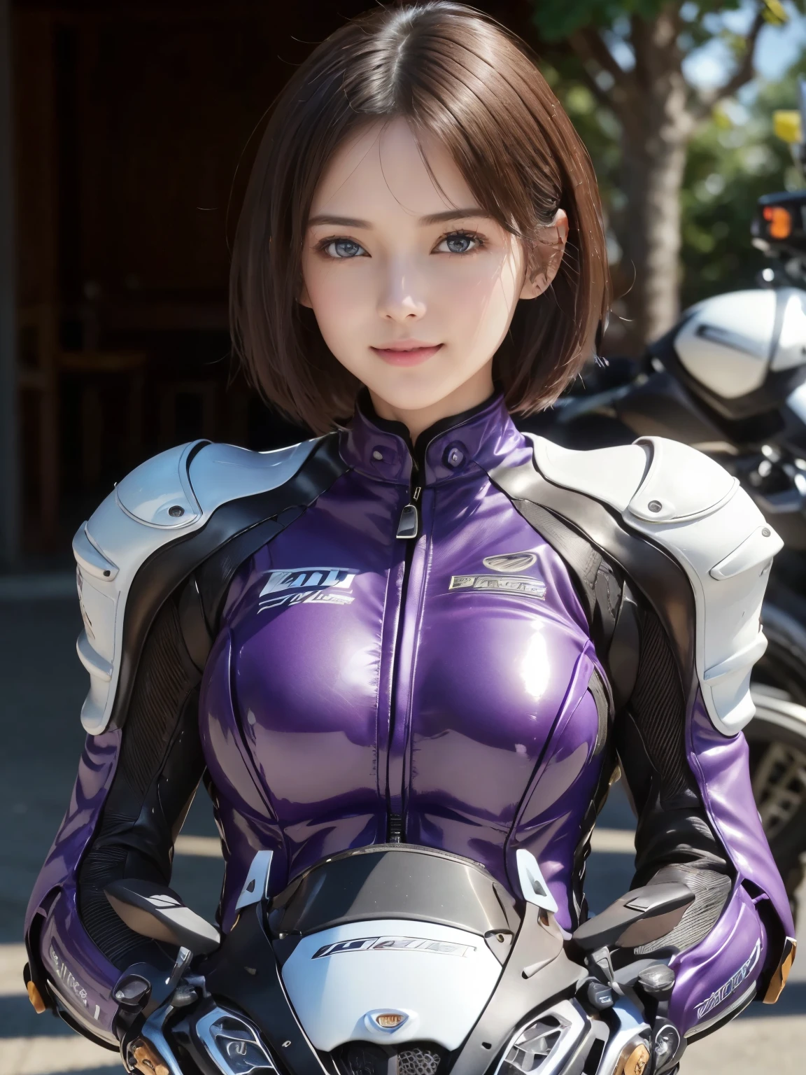 (8K, Highest quality photo quality:1.3), so beautiful, .3d, Brown Hair、Very Short Hair, blue eyes, (Abdominal muscles, Slim figure: 1.1), Sharp focus, (((Intricate details)), Beautiful and delicate lips, Beautiful and delicate nose, Beautiful and delicate face, Beautiful and delicate eyes, ((Realisticなしっとりと白い肌)), (Realistic, Realistic), Cinematic Light, Face Light, Attractive long limbs, smile, (((Detailed Motorcycle)))、(((Riding a motorcycle)))、Full Body Shot、Purple fitted long sleeve racing leather suit