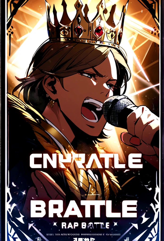 rap battle poster,  singing, a microphone, a centralized golden crown