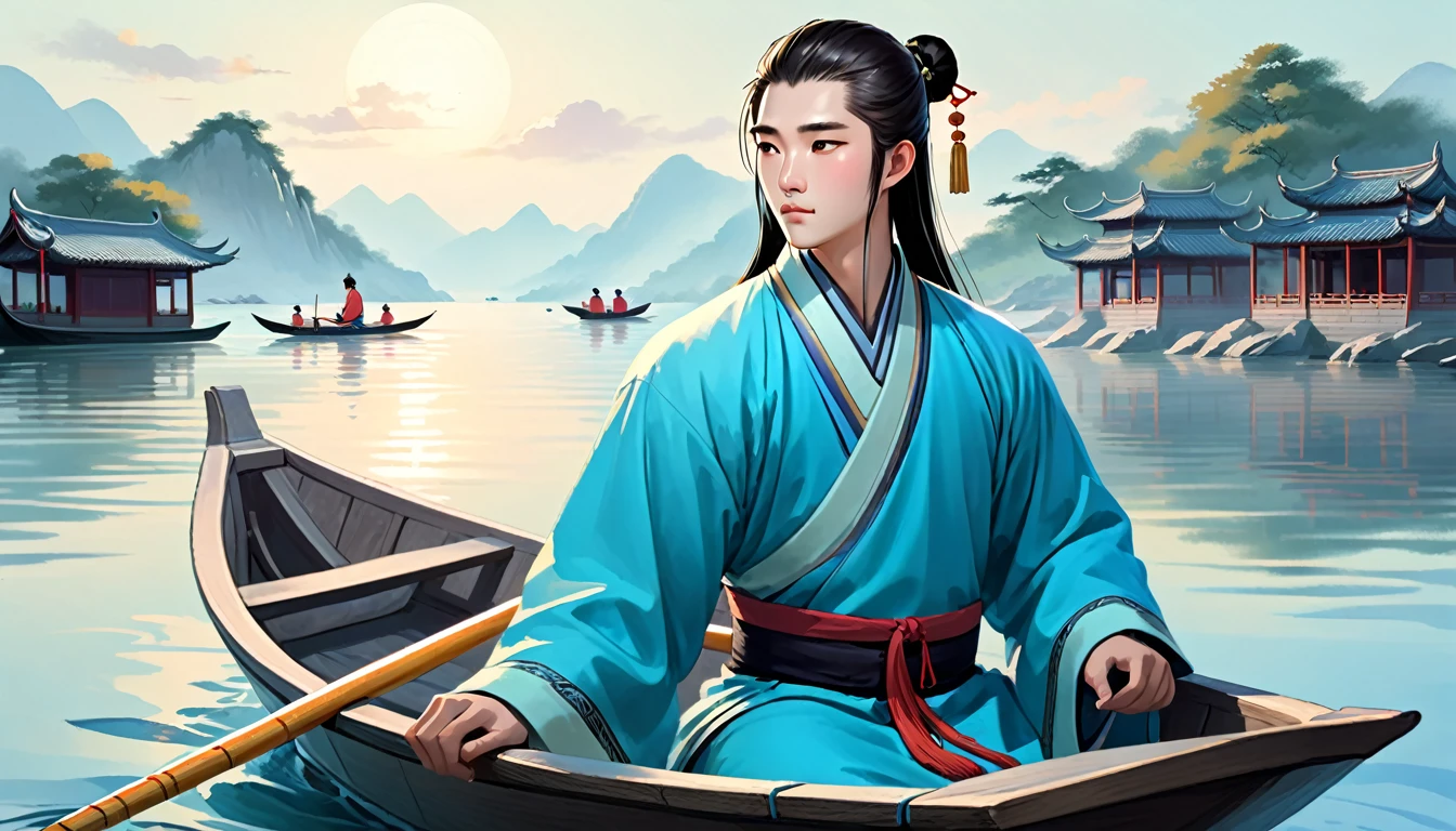 Create a young Chinese male named John,round face，Fair complexion，Black eyes，hairstyle: long hair（comb your hair into a bun），Wear light sky blue Chinese scholar traditional robe，Paddling the boat briskly close to the shore。