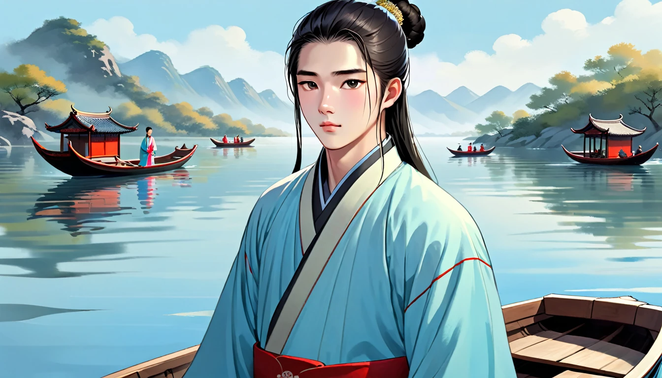Create a young Chinese male named John,round face,Fair complexion,Black eyes,hairstyle: long hair(comb your hair into a bun),Wear light sky blue Chinese scholar traditional robe,Paddling the boat briskly close to the shore。