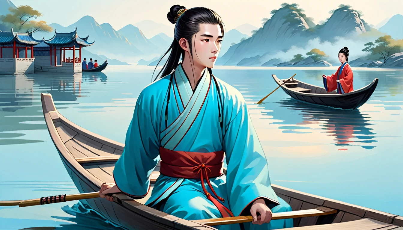 Create a young Chinese male named John,round face，Fair complexion，Black eyes，hairstyle: long hair（comb your hair into a bun），Wear light sky blue Chinese scholar traditional robe，Paddling the boat briskly close to the shore。