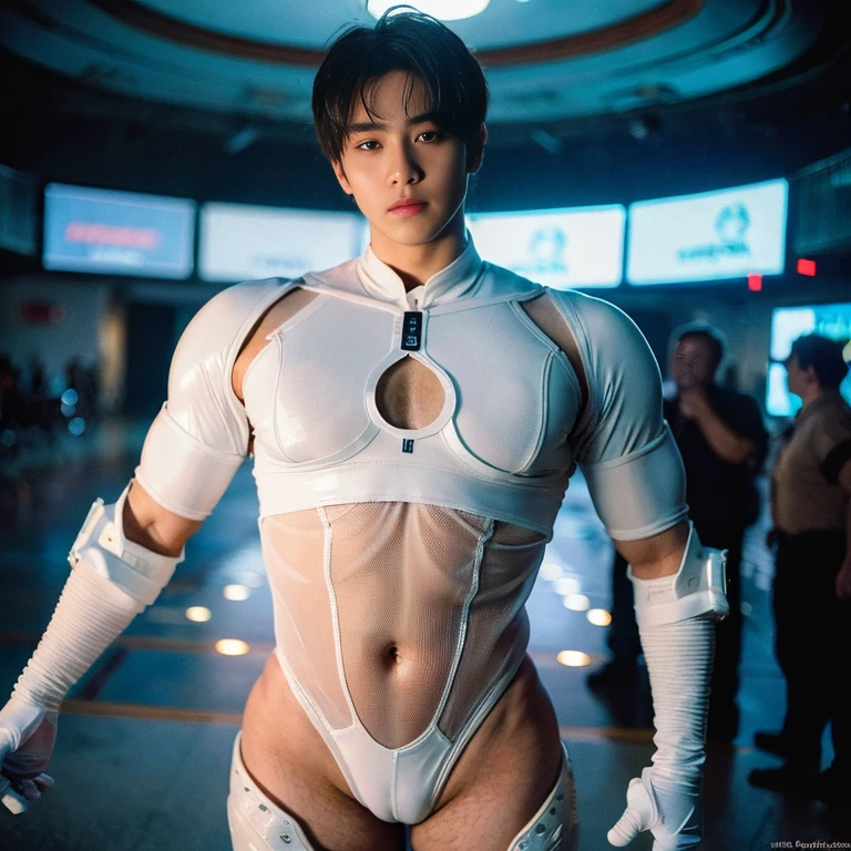 (masutepiece,High resolution,ultra - detailed:1.0),1(Boy,Robot Boy),Perfect male body,Look at the camera,Delicate eyes and delicate face,extremely details CG,Unity 8k Wallpaper,intricate-detail,solo person,Detailed face, (Futuristic skin-perfect white bodysuit), Best Quality, hands visible, (White Gloves), Beautiful and delicate blue short hair:1.5 , full length shot(fls) , big thighs , fat hips , insane details, hyper details , photorealistic , only male , handsome boy , fat buttock , puffy nipples , bodybuilder , bare thighs ,(((unrealistic wide hips , unrealistic wide pelvis ))) , ((epic reality , ultra realism , ultra photorealistic))