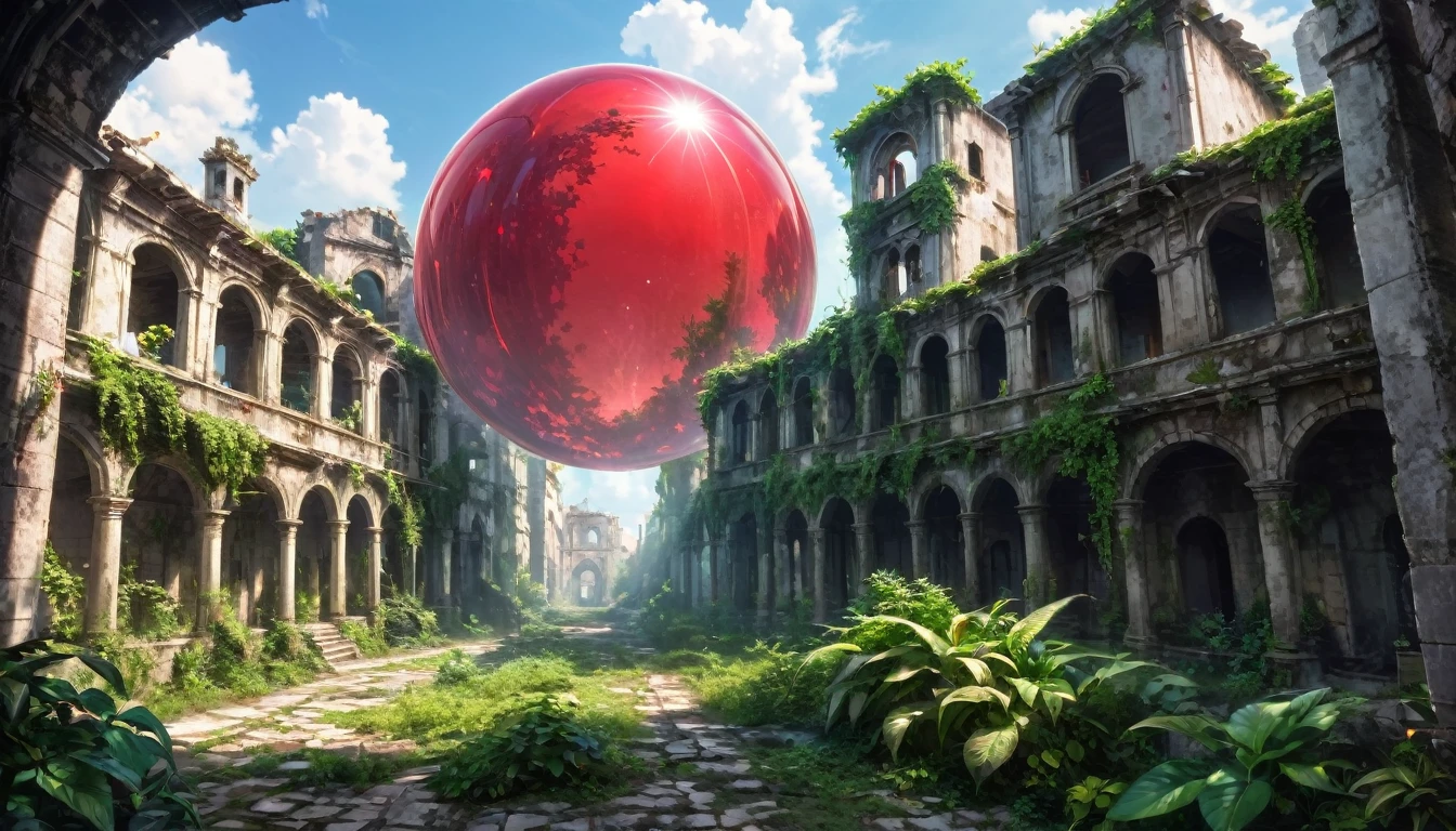 an old city with ruins and over grown plants and trees,   there is a large  red bubbel around it  like a cupe