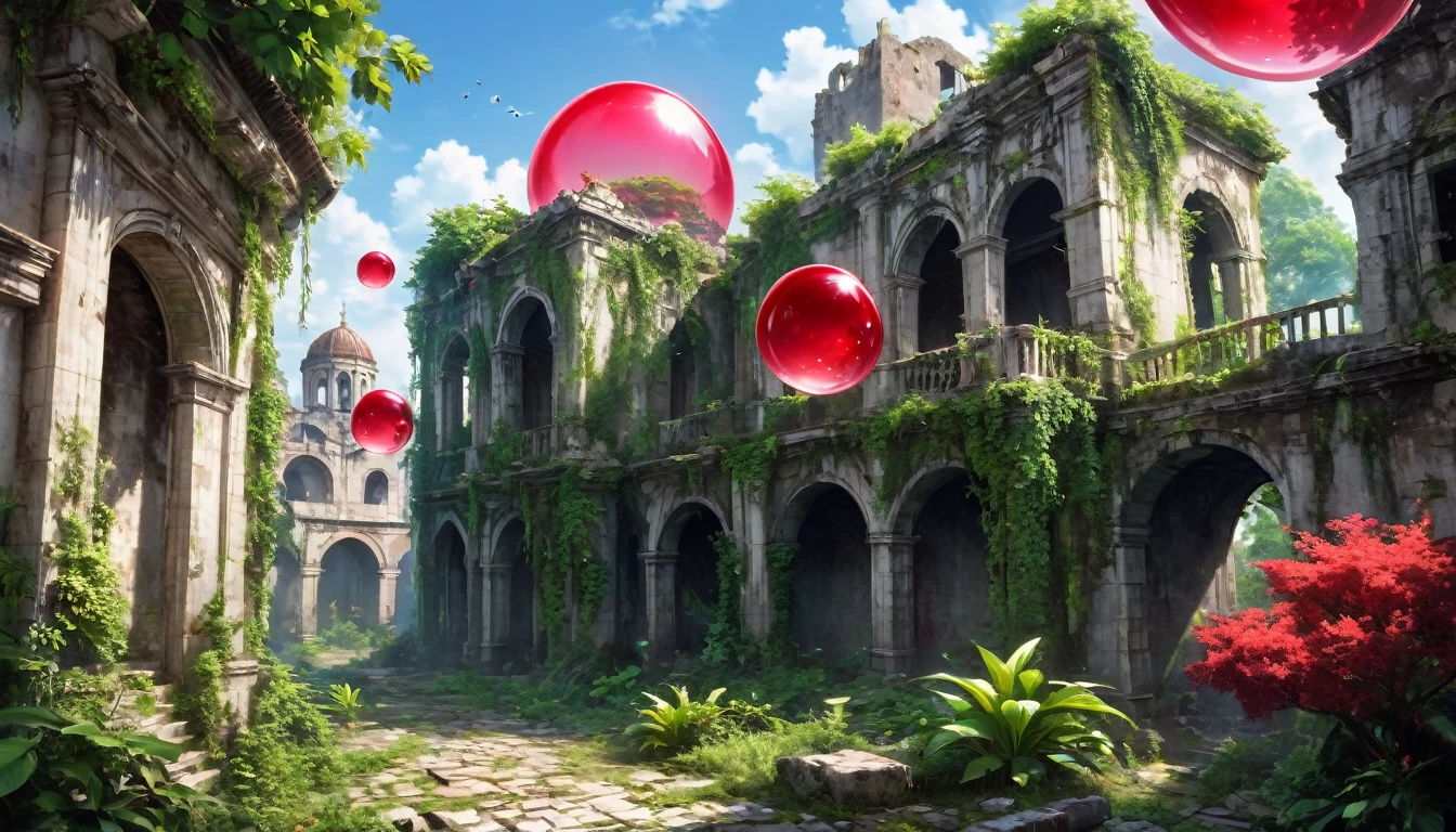 an old city with ruins and over grown plants and trees, there is a large red bubbel around it like a cupe