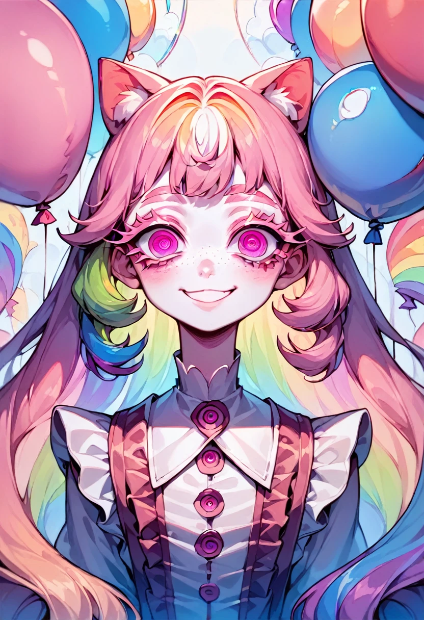 1 girl, cat ears, long pink hair, bangs, ((rainbow hair color, pink eyes, bright rainbow colors theme balloons, very long eyelashes, fluorescent eyes, bright eyes)), silky hair, girly, (love, loving face, delighted expression, smile), frills, looking at viewer, (feet out of frame), illustration, (anime coloring), (masterpiece), (best quality), (intricate details), ai-generated, blush with white freckles on cheeks, (beautiful idol frill dress, heart-shaped pupils),